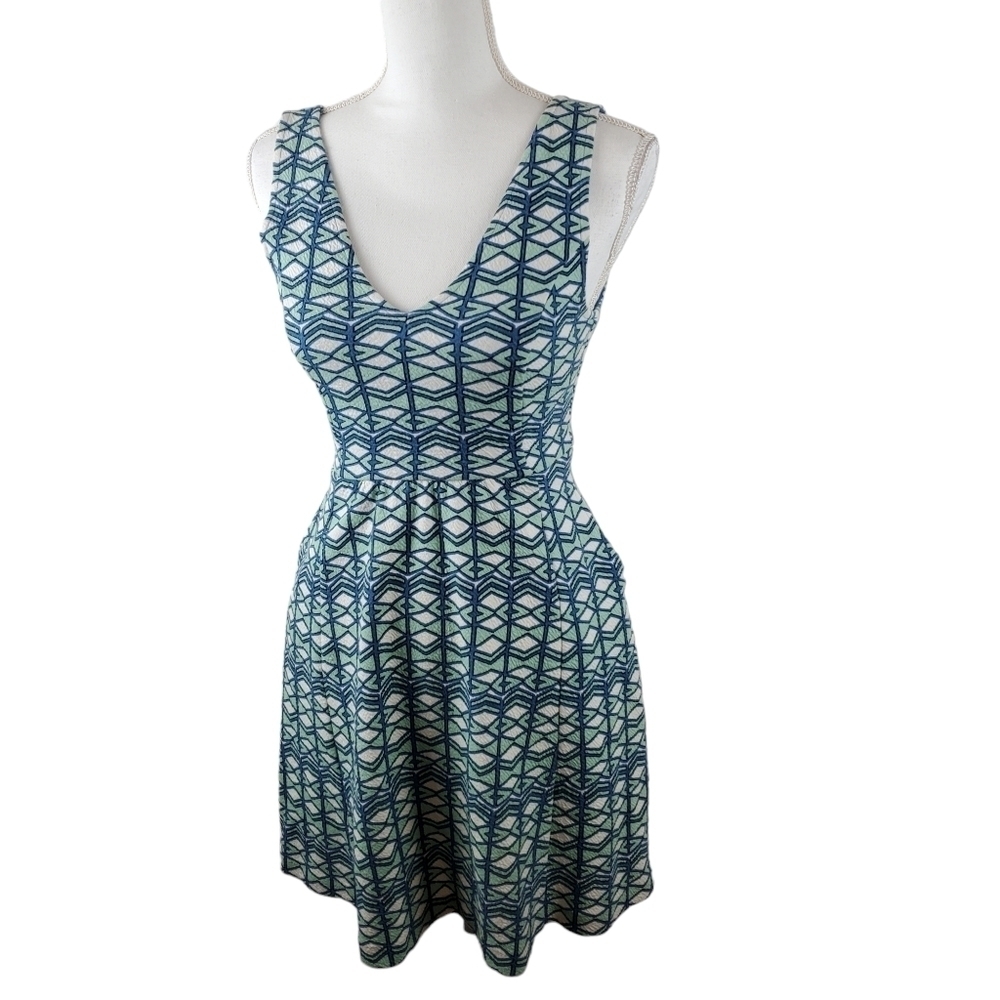 Maeve Mini Dress Womens 0 XS Blue Geometric Jersey Stretch Back Cutout Pockets